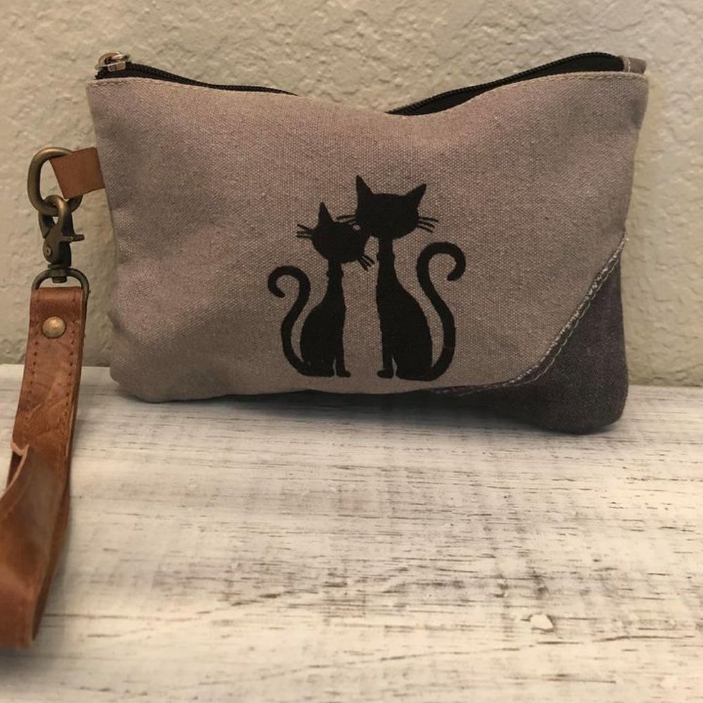 NWT Upcycled Canvas Cat Wristlet